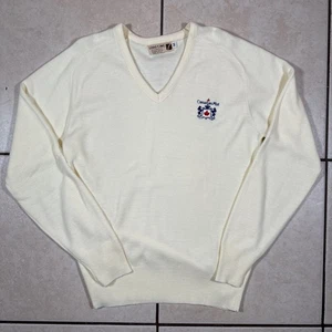 Vintage Logo 7 Sweater Mens Medium Pale Yellow Canadian Mist Whiskey V Neck Top - Picture 1 of 11