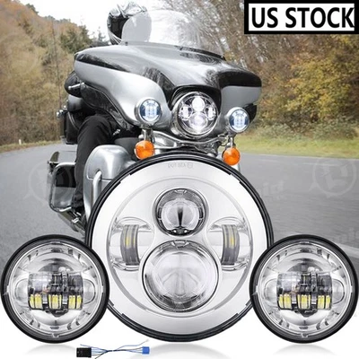 Chrome 7" inch LED Headlight Hi/Lo Beam+4.5" Fog Light Kit For Harley Motorcycle — 第 1/4 张图片