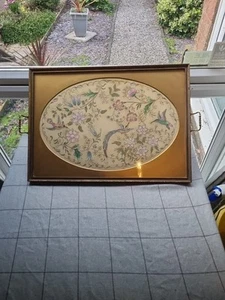 Framed Chinese silk embroidery Hummingbirds, flowers And Foliage Tray Handles - Picture 1 of 21