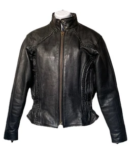 Unik Ultra Womens Sz S Black Heavy Leather Biker Motorcycle Jacket Zip Out Liner - Picture 1 of 23