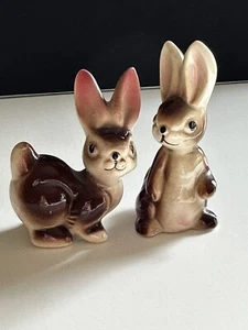 Vintage Rabbit Bunny Figurine Pair Small Brown Japan 3” Ceramic Easter - Picture 1 of 16