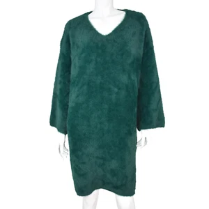 Kate Hewko Heavyweight Green Faux Fur Drop Sleeve Dress OS Rib Trim V-Neck - Picture 1 of 10