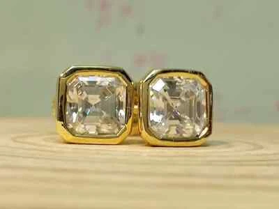 4Ct Asscher Lab Created Diamond Stud Earrings Bezel Set 14K Yellow Gold Plated - Image 1 of 4