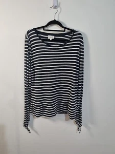 SEED HERITAGE size M linen blue striped round neck long tie sleeve basic blouse - Picture 1 of 7