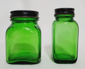 2 Vintage Duraglas Dark Green Square Rectangle Bottles Metal Lid Set Lot - Picture 1 of 12