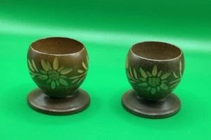 Carved Wood Egg Cup Floral Vintage Swiss Brown Footed Collectible Flowers Vines - Picture 1 of 3