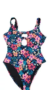 Island Soul Swimsuit Black Floral Print Keyhole Cleavage One-Piece Womens Large - Picture 1 of 4