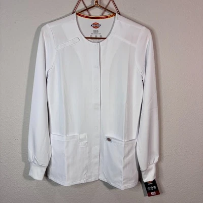 Dickies Scrubs Snap Front Warm Up Jacket DK305 WTPS White Long Sleeve XXS EDS - Image 1 of 4