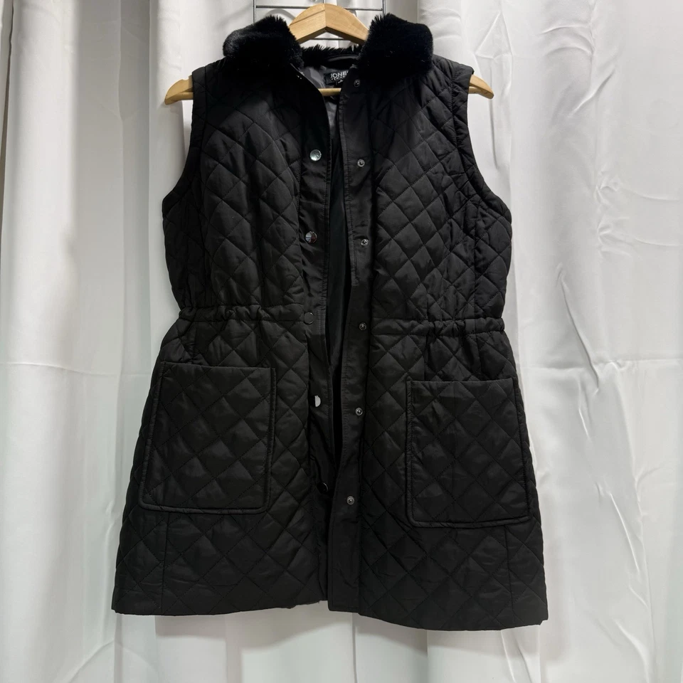 Chaleco largo acolchado Jones New York para mujer talla S negro cuello de piel sintética Foto 1 de 4
