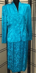 Adrianna Papell Vintage Silk 2 Piece Skirt Suit Teal Lined Embossed Womens Sz 14 - Picture 1 of 15