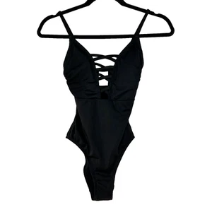 No Boundaries Swimsuit Womens XS Black One Piece Plunging V Neck Criss Cross - Picture 1 of 10