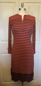 NWT LOFT Copper Brown Navy Blue Stripes Crew Long Sleeve Henley Dress Size XSP - Picture 1 of 9