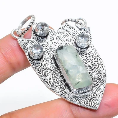 Ciondolo gioiello in argento sterling 925 con pietra prehnite, topazio bianco... - Immagine 1 di 4