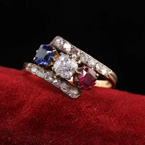 Antique Victorian 18K Yellow Gold Diamond Ruby Sapphire Three Stone Ring - Picture 1 of 7
