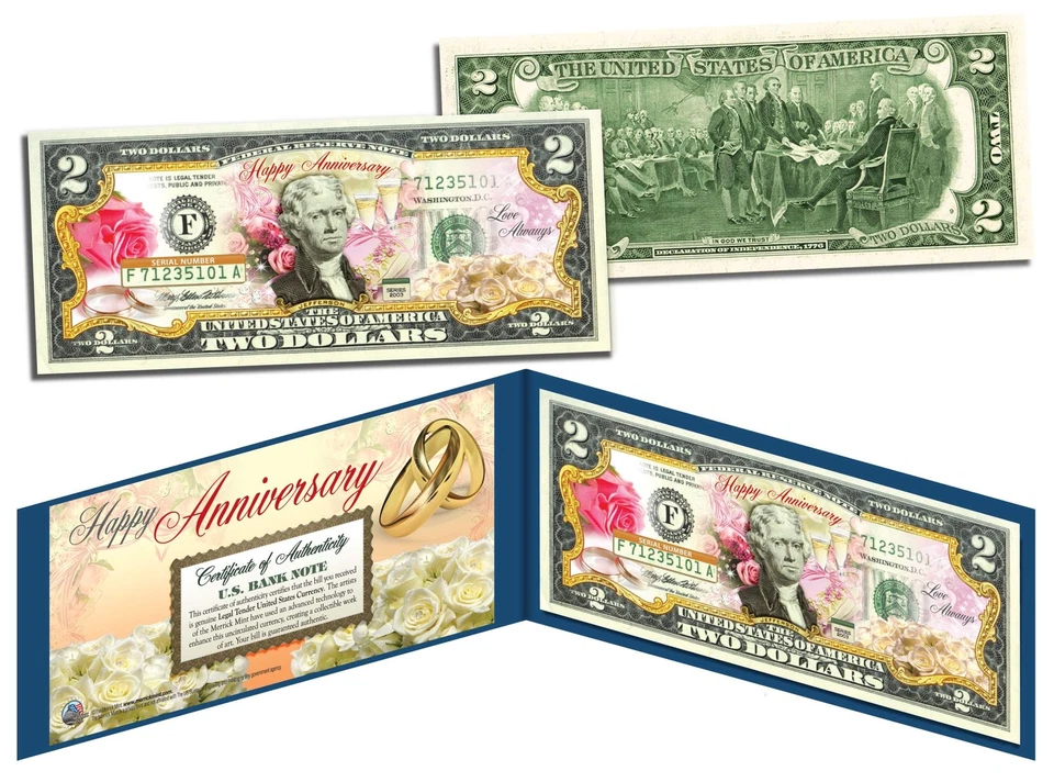 HAPPY ANNIVERSARY Keepsake Gift Colorized $2 Bill U.S. Legal Tender with Folio