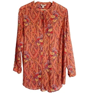 Lucky Brand Womens Floral Button Up Tunic Top Size L Semi Sheer Red Orange Boho - Picture 1 of 10