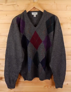 Vintage L.L. Bean Diamond Argyle Wool V Neck Jumper L Made In Scotland Grey - Picture 1 of 7