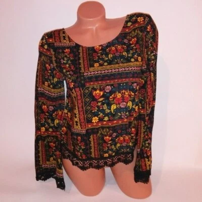 Blusa H&M x Coachella Colaboración Talla 4 Boho Manga Campana Floral Crochet Encaje Ribete Foto 1 de 4