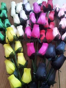 Wooden Roses Bouquet Flowers Dyed Closed Bud Rose Stems Craft Or Gift - Picture 1 of 36