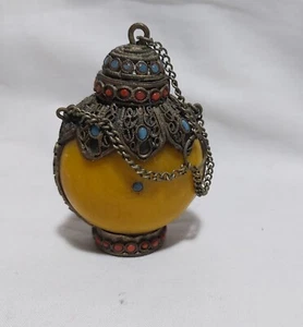 Tibet silver inlaid turquoises, coral and amber snuff bottle H8cm - Bild 1 von 7