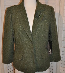 NWT Womens Daisy Fuentes Wool Blend Green Tweed Blazer Olive Lined Sz 12 Flower - Picture 1 of 14