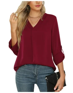 Uvplove Damen Business Casual Elegant Chiffon Bluse V Ausschnitt Shirt XL Rot NEU - Bild 1 von 7