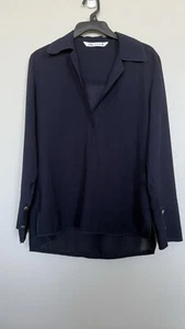 Zara Women’s Sz S Navy Blue Asymmetrical Hem Pullover Blouse Silver Cuff Buttons - Picture 1 of 7