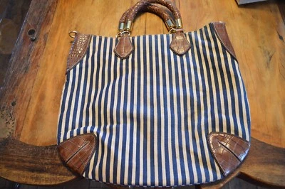 Liz Claiborne Canvas Women's Tote Purse Handbag,Blue Stripe,Brown - Image 1 of 4