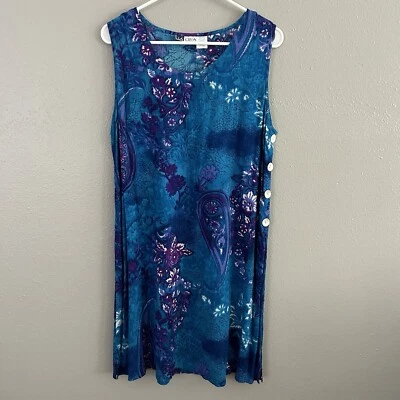 Vintage La Cera Dress Size M Blue Purple Floral Paisley Crinkle Button Accents - Image 1 of 4