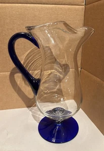 Vintage Hand Blown Cobalt Blue & Clear Art Glass Pitcher Pedestal Footed 10” - Picture 1 of 12