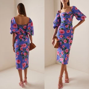 NWT Carolina Herrera Floral Print Ruched Puff Sleeve Midi Dress $1,890 Size 2 - Picture 1 of 16