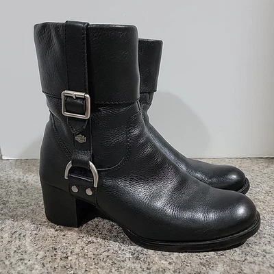 HARLEY DAVIDSON Sadie 84068 Botas Medias Negro Cremallera Lateral Arnés Mujeres Zapatos Talla 7 Foto 1 de 4