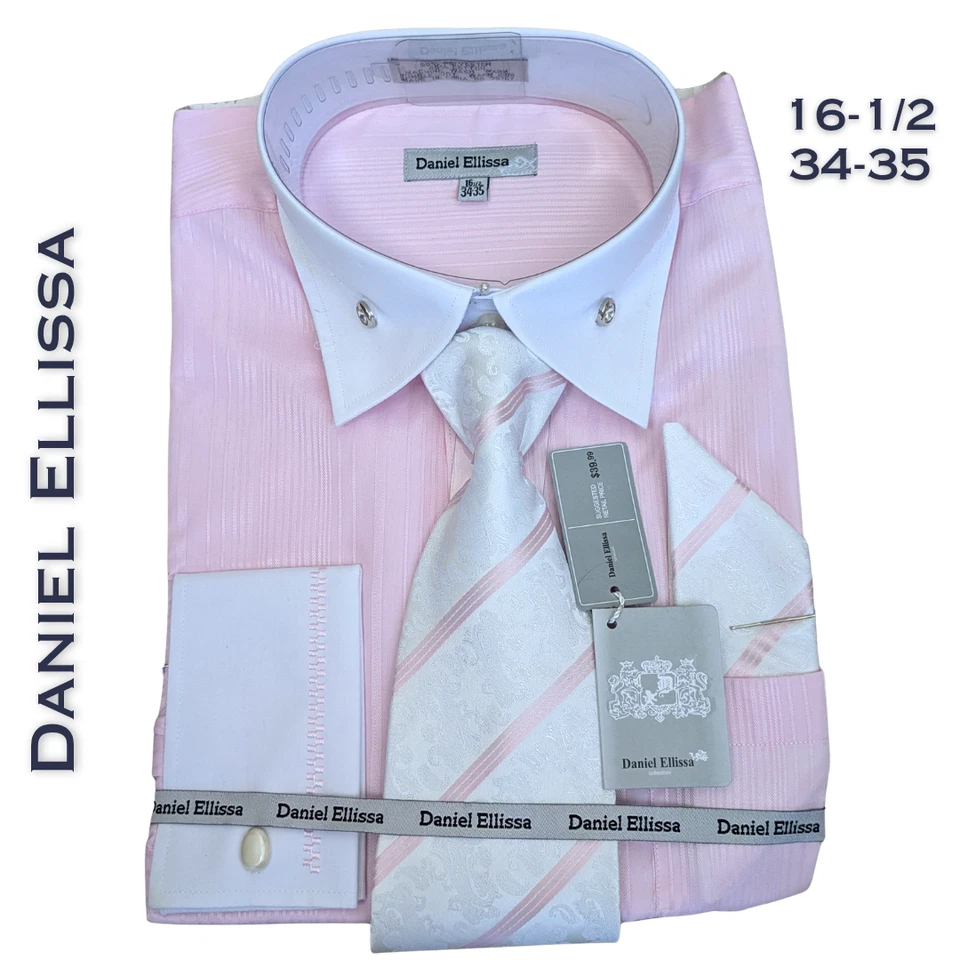 Conjunto de camisa de vestir y corbata Daniel Ellissa grande 16,5 rosa blanco puño francés tachuelas  Foto 1 de 4