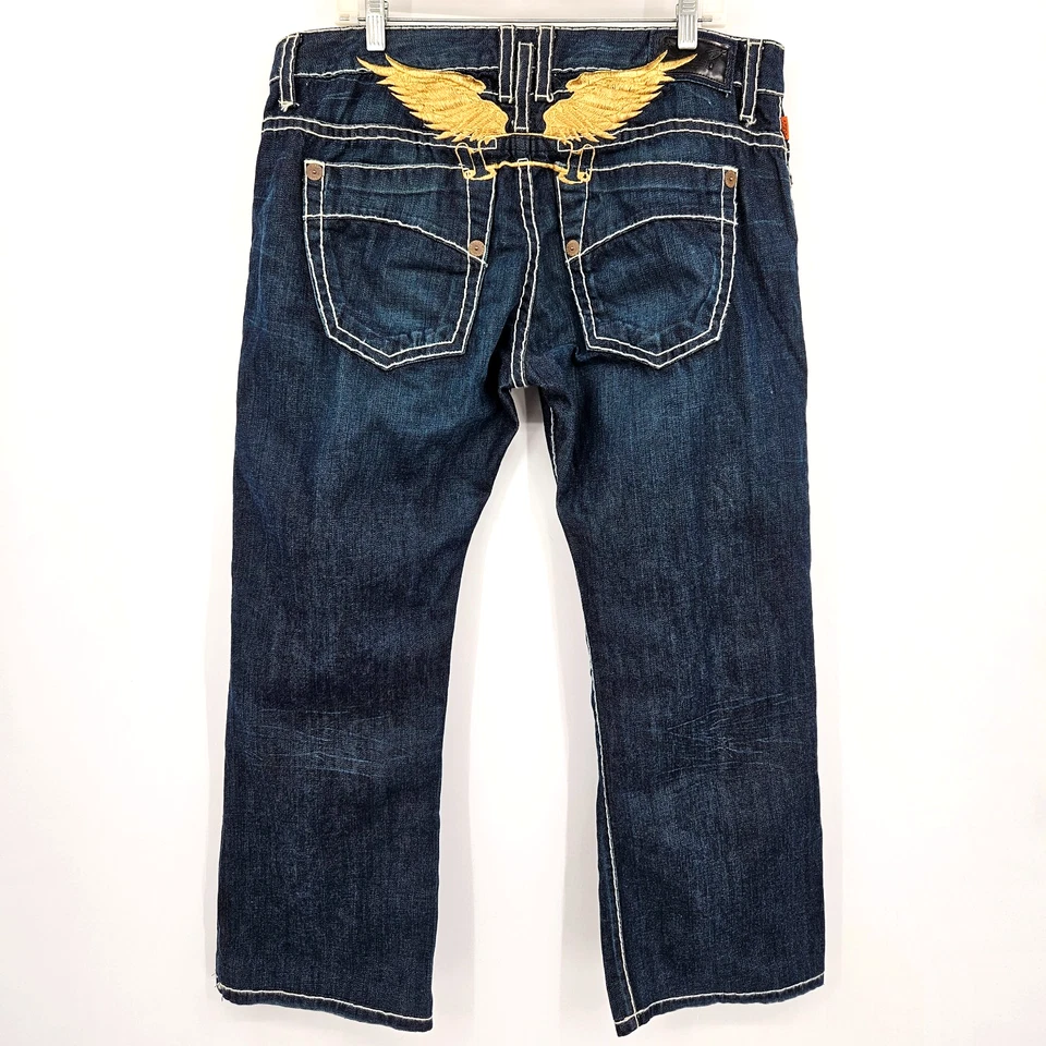 Pantalones de mezclilla Robin's Jean dorados EMBR bordados pierna recta lavado oscuro talla 38x27 Foto 1 de 4