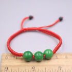 Natural Chinese Jade 3pcs Green Bead Red Knitted Bracelet Adjustable 15-16.5cm