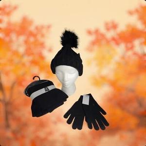 NEU West Loop Strick Schal schwarz Bommel Mütze und Handschuhe Set T01 - Bild 1 von 8