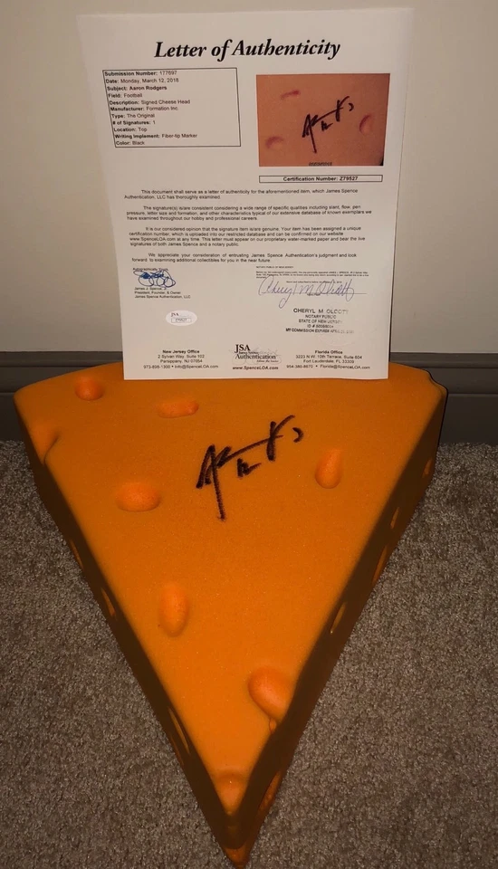 AARON RODGERS SIGNED GREEN BAY PACKERS FS CHEESEHEAD HELMET NEW YORK JETS JSA - Image 1 of 1