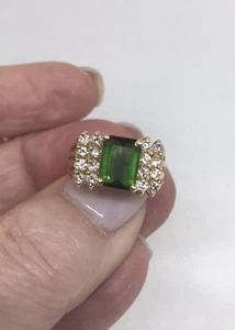 Estate Vintage Large Emerald Cut Tourmaline & Diamond Ring -14K YG- Sz 7 1/4 - Picture 1 of 9