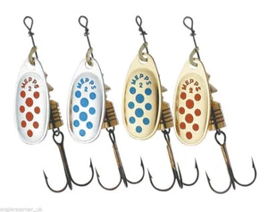 Mepps Comet Spinners - Silver/Gold, Red/Blue Dot Colours - All Sizes 00 to 5 - Picture 1 of 22