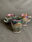 Dugan Diamond Beaded Shell Blue And Amethyst Carnival Glass Cups Set Of 3