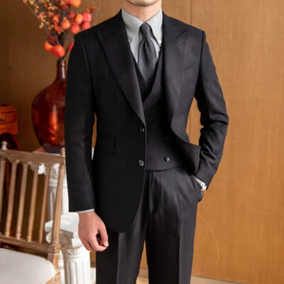 Italian Gentlemans Herringbone Lapel Suit Three-piece British Slim Business Suit - Image 1 of 4