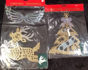 Set Of 2 Vintage Plastic Gold & Silver Glitter 3D Hanging Christmas Decorations - Picture 1 of 8