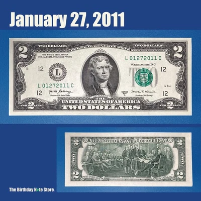 January 27, 2011 Birthday Anniversary $2 Two Dollar Bill Serial Number 01272011 - Image 1 of 2