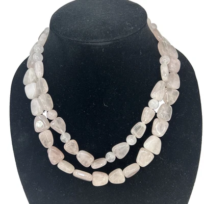 双股玫瑰石英水晶厚珠项链项链纯银扣 925 — 第 1/4 张图片