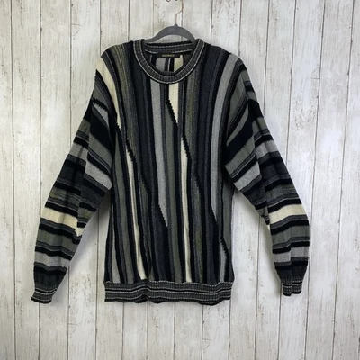 复古 Bachrach 毛衣男式 L 黑色灰色条纹纹理 Biggie Cosby 90 年代美国 — 第 1/4 张图片