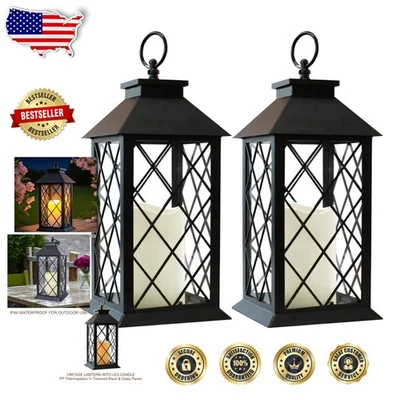 Battery Powered Lanterns 2-Pack Black Vintage LED Candle 6hr Timer Waterproof - Image 1 of 4