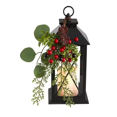 12 In. Unlit Holiday Berries and Greenery Metal Lantern Artificial Table Christm - Image 1 of 4