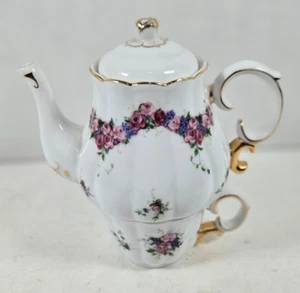 Stapelbare Einzelportion Porzellan Teekanne und Tasse - Rosen Gold Akzente - Bild 1 von 5