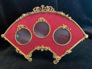 Rare Gilt Bronze French Antique Art Nouveau Triple Fan Photo Frame - Picture 1 of 10