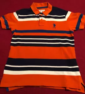 US Polo Assn Shirt Men's Medium Orange/Blue Stripe Big Pony Rugby Outdoor - Picture 1 of 7
